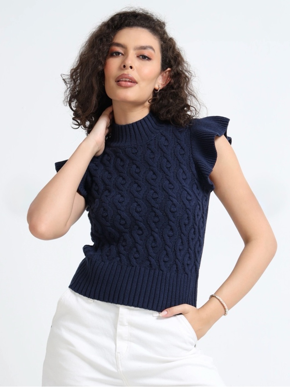 Navy Cable-Knit Sleeveless Turtleneck Sweater